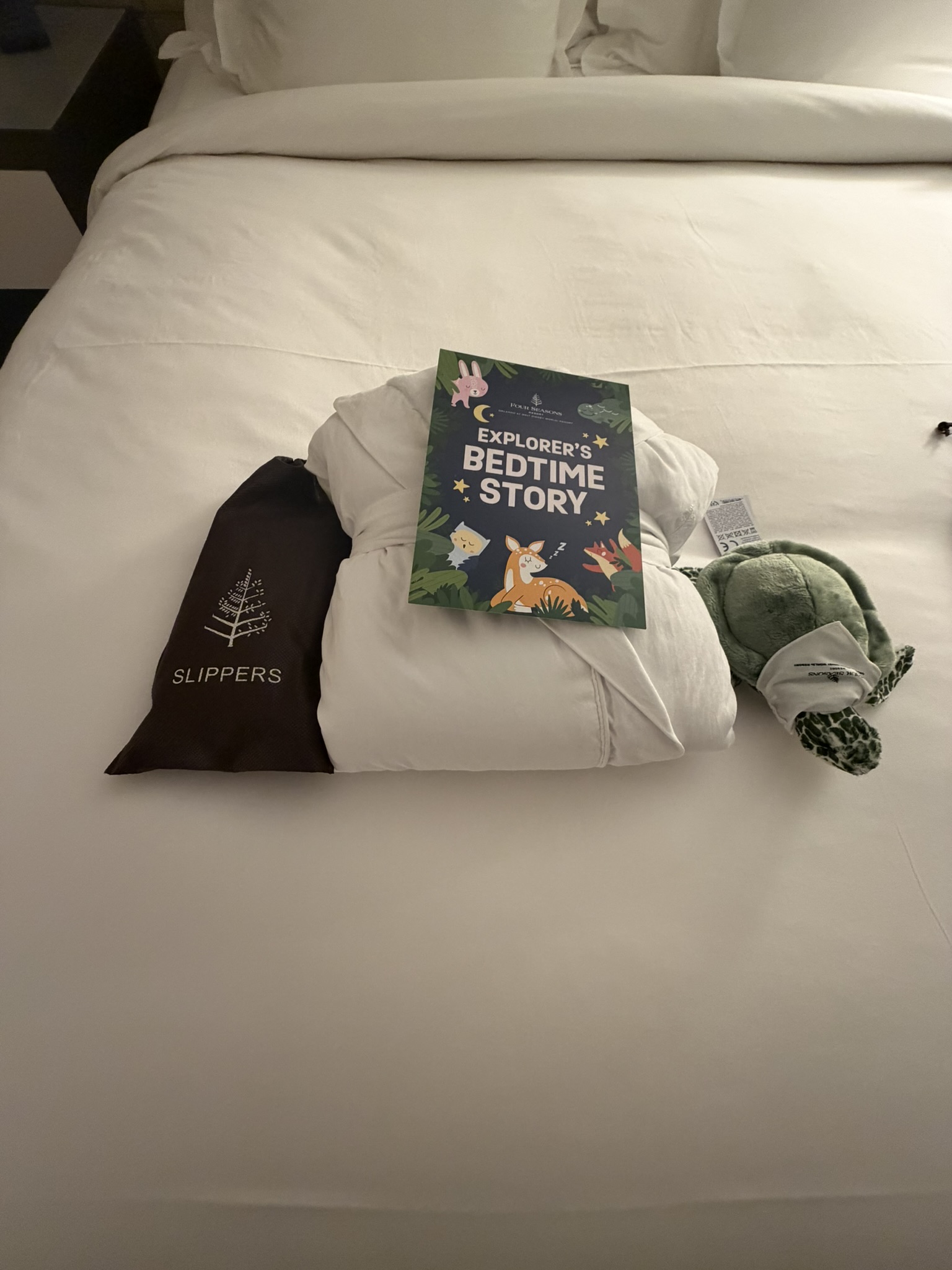 Close-up of children's welcome gifts — slippers, stuffed turtle, and Explorer's Bedtime Story book